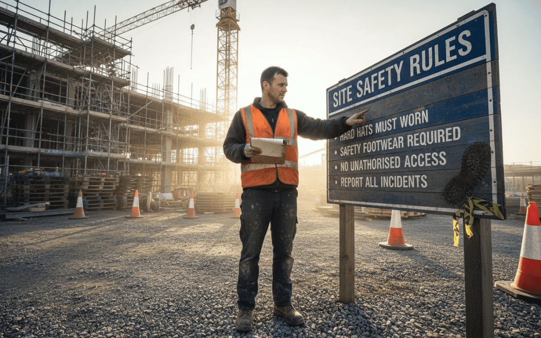 Manager inspecting weathered construction safety signage