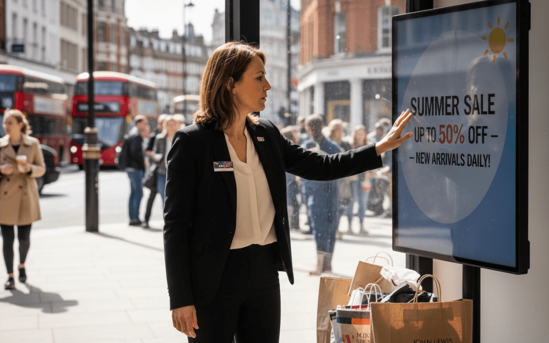 Retail manager adjusts digital signage screen