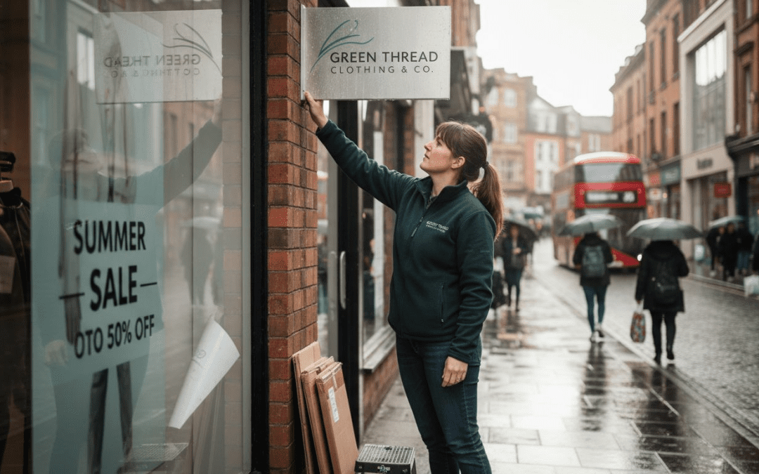 Retail manager adjusting new shopfront signage