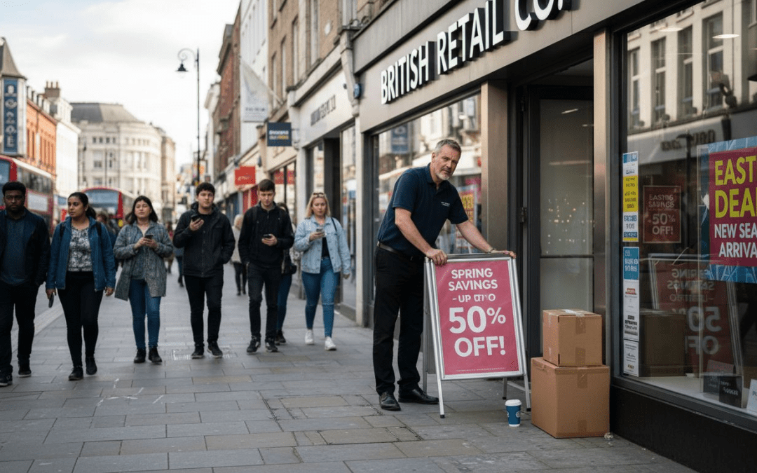 Manager arranging outdoor retail signage on high street