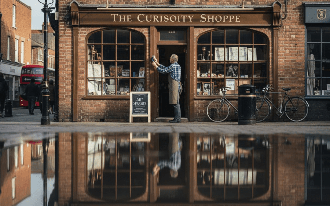 Shop owner cleans fascia sign above storefront