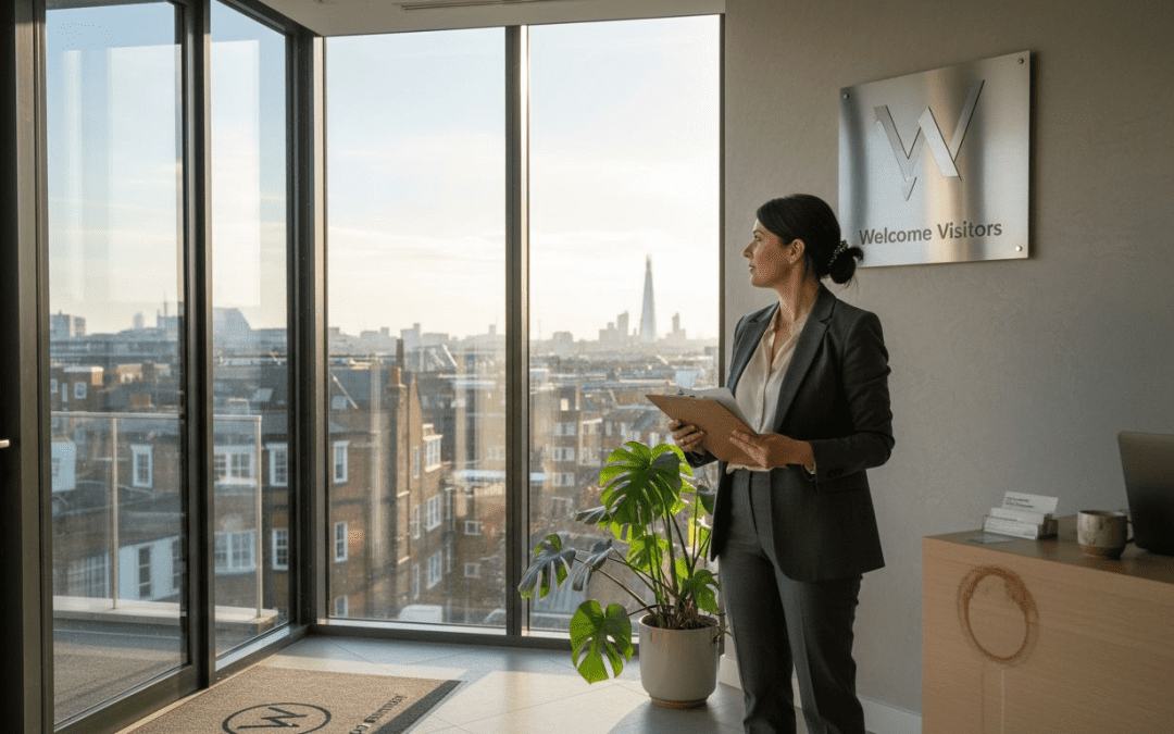Business owner reviewing welcome signage in office