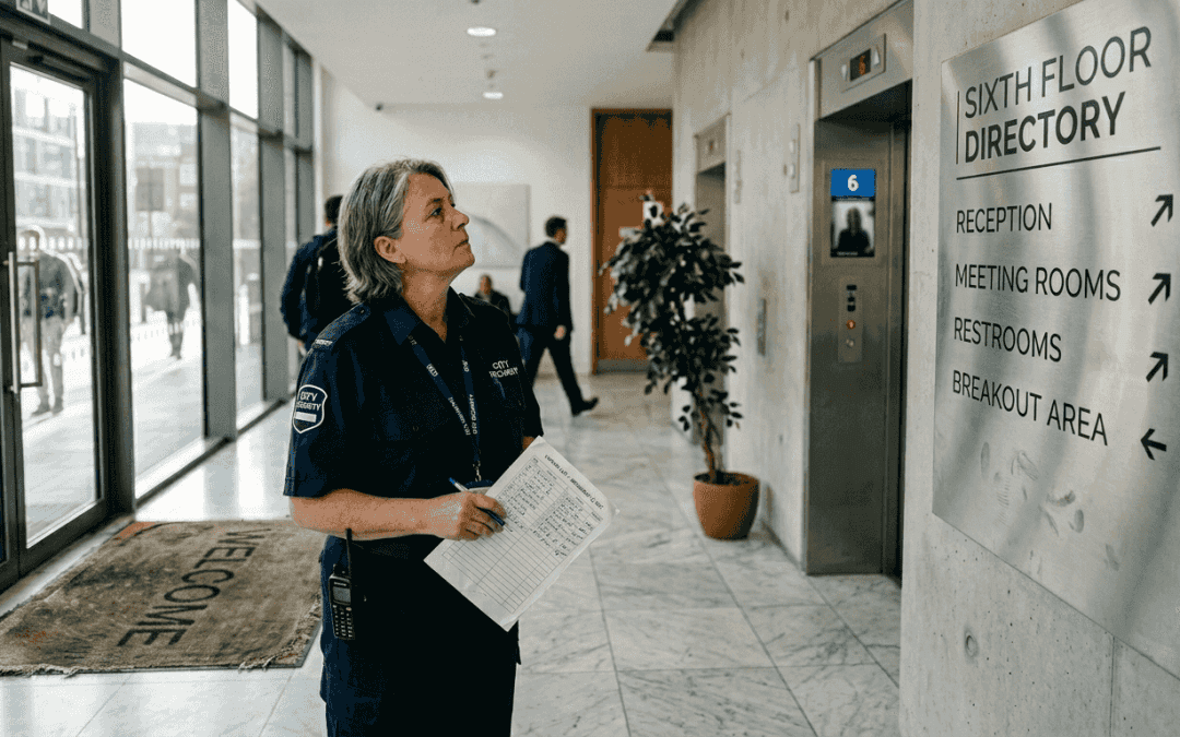 Security guard referencing office lobby signage