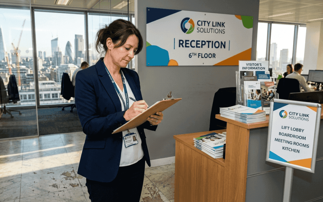 Manager reviewing office signage in reception area