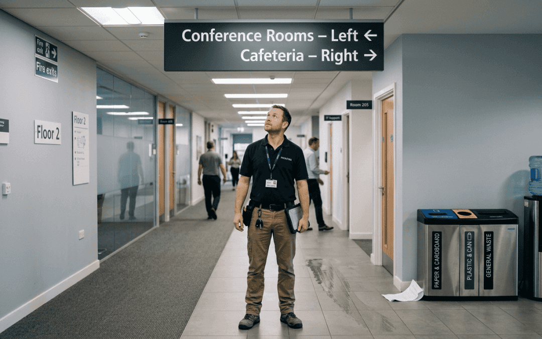 Worker inspecting overhead wayfinding sign in office