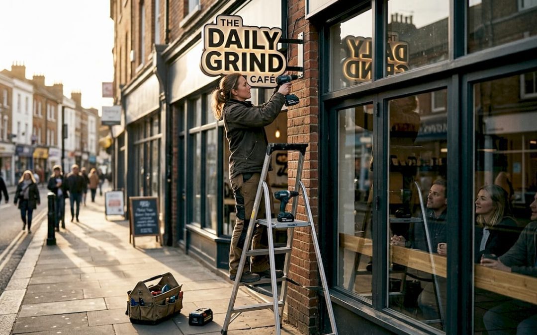 Sign maker installing custom shop sign outside café
