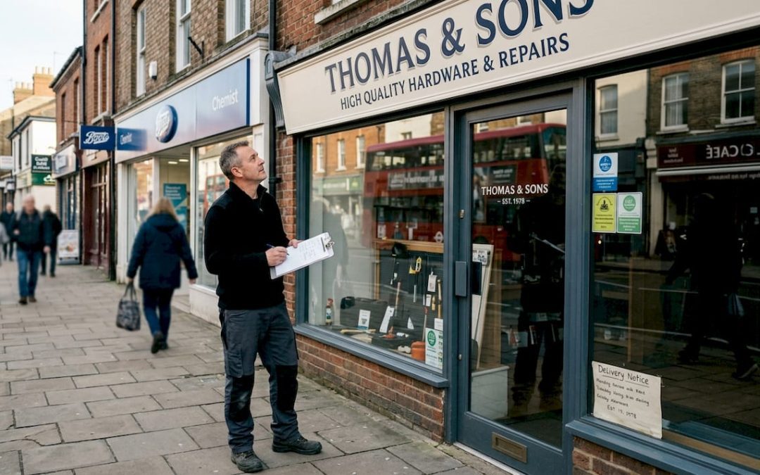 Business owner reviews shop signage outside store