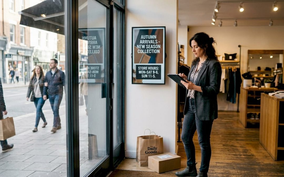 Retail manager reviewing digital store signage