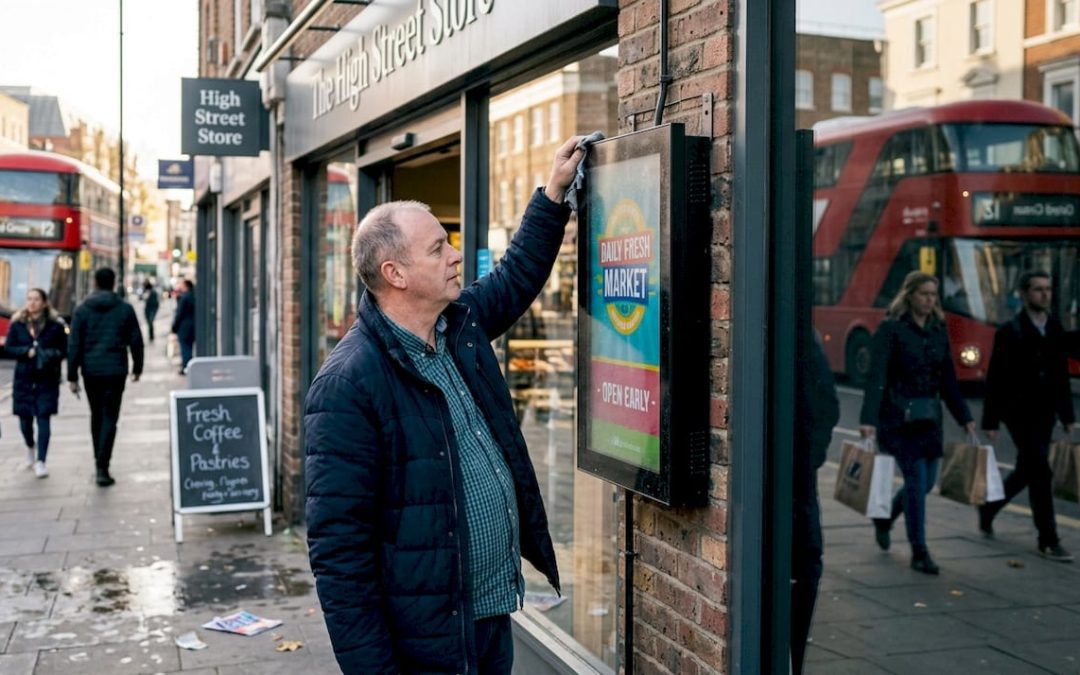Store manager adjusting digital entrance signage
