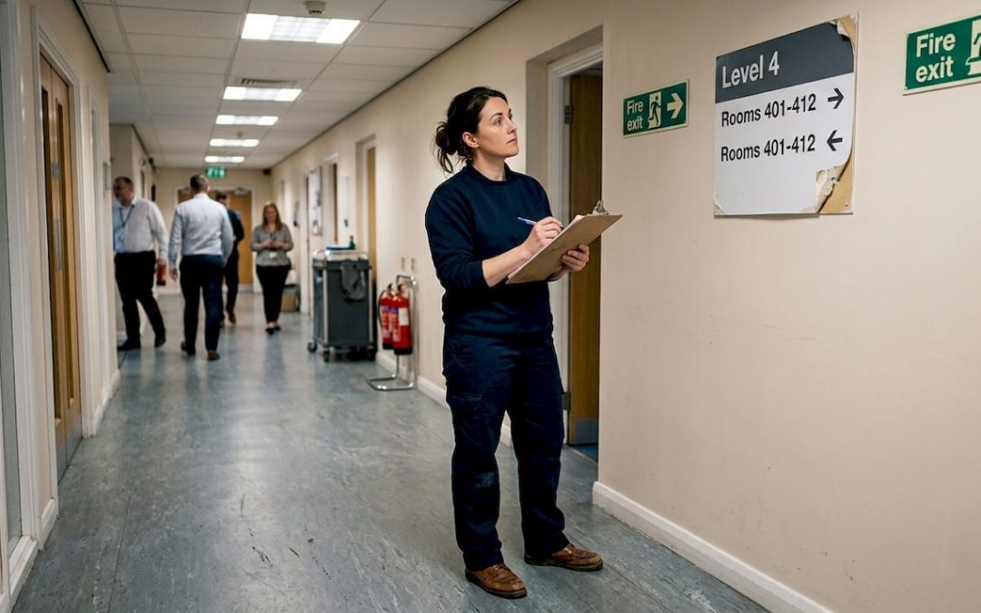 Manager reviewing wayfinding signs in office