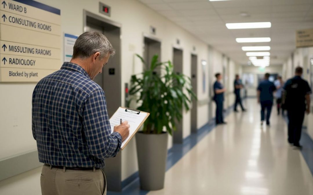 Manager auditing wayfinding signs in hospital corridor