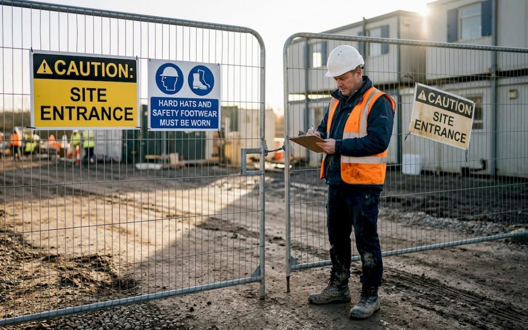Site manager checking safety signage at entrance