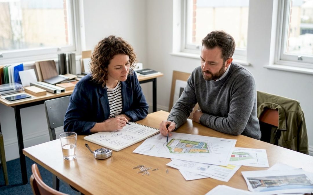 Business owner and consultant planning signage