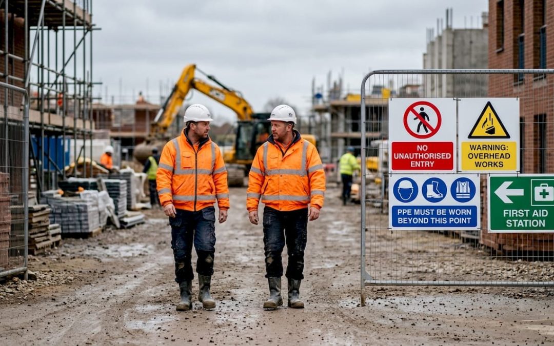 Workers passing main UK construction signage at site entrance