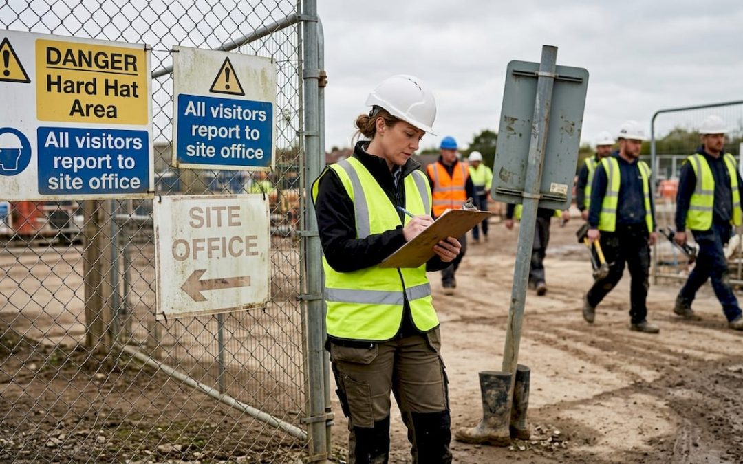 Construction manager reviewing signage at site entrance