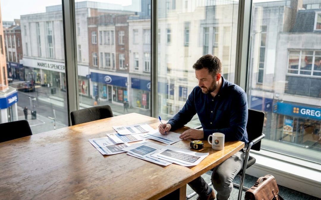 Manager reviewing branded signage mockups in office