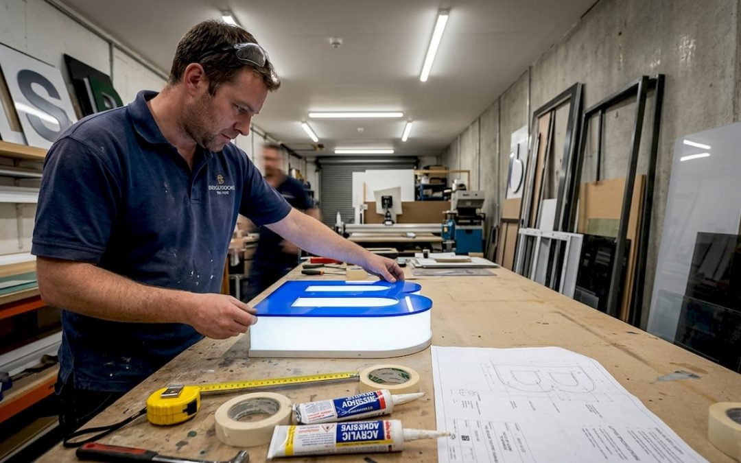 Sign maker assembles 3D acrylic letter in workshop