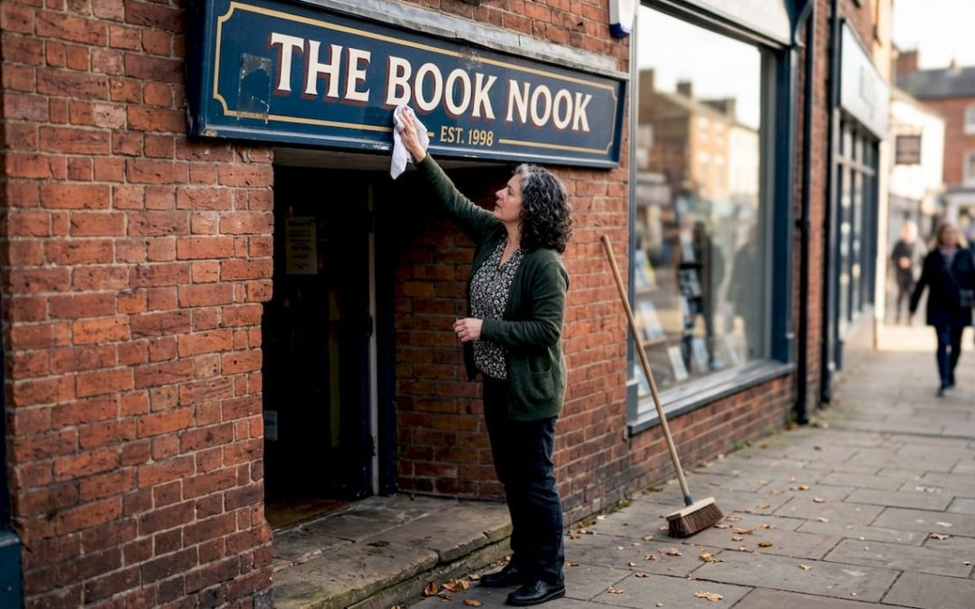 Shop owner maintaining durable business sign