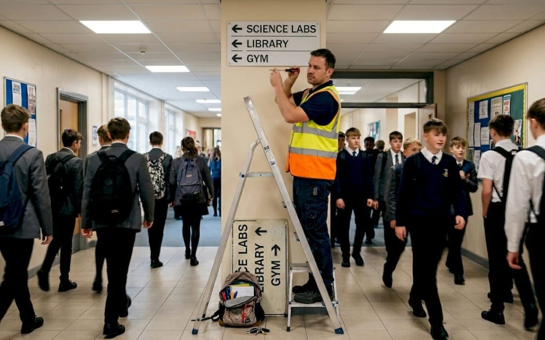Facilities manager adjusts school hallway signage