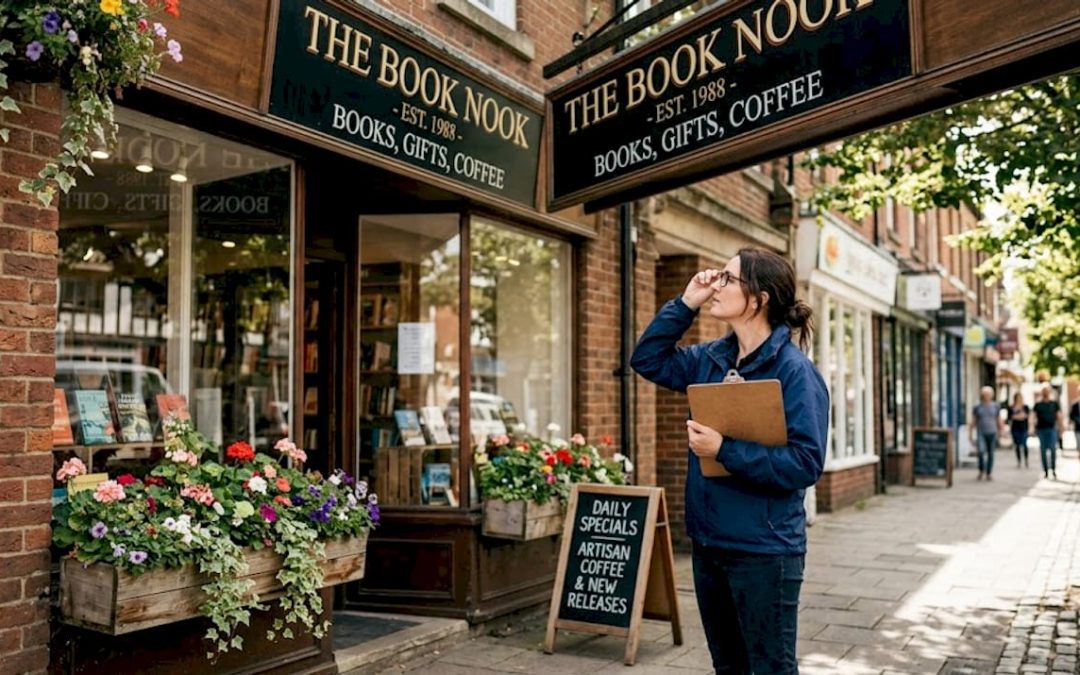 Store manager reviewing outdoor signage entrance