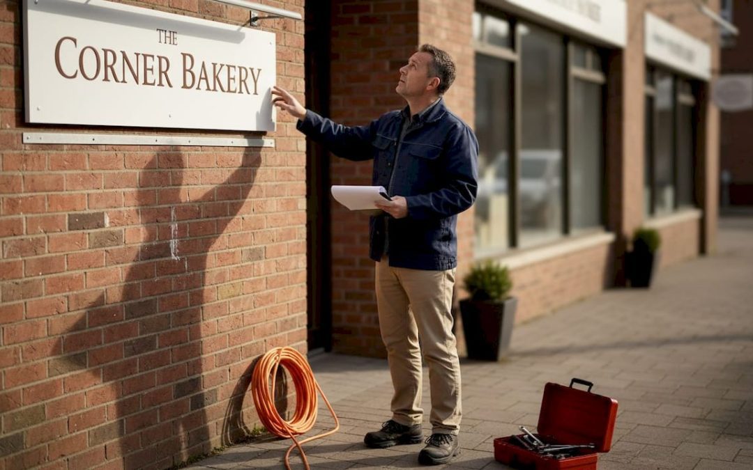 Facilities manager examines new shop sign