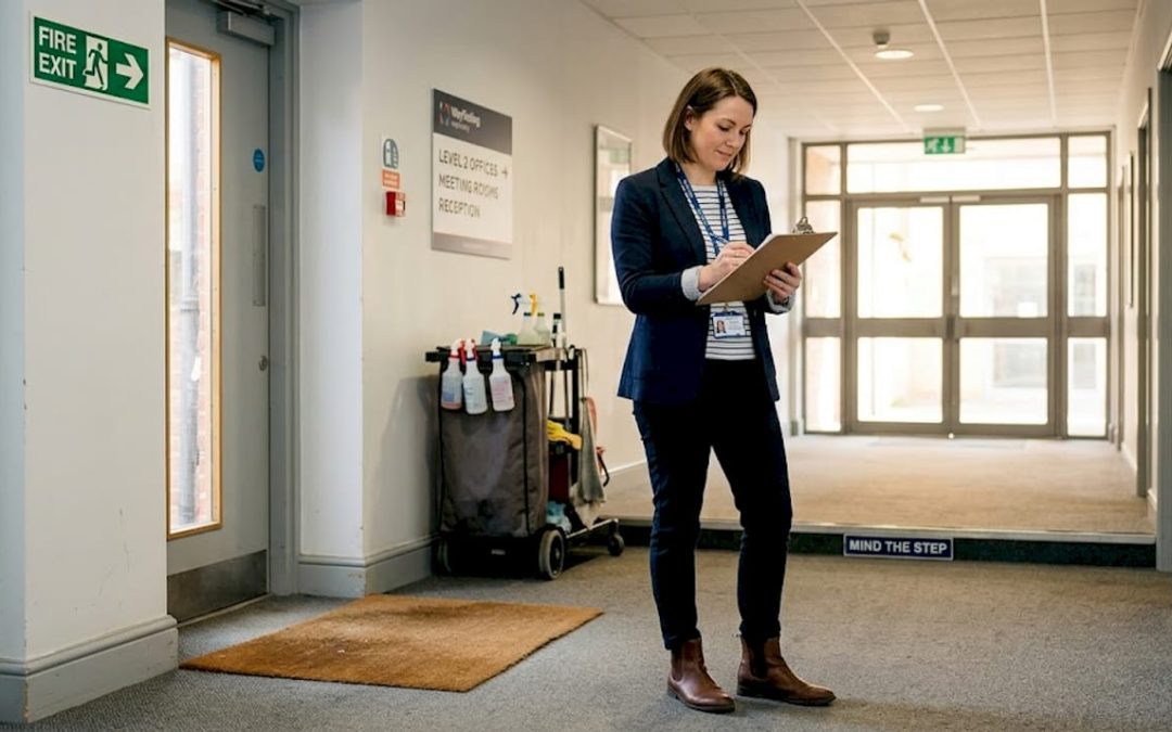 Facility manager reviewing indoor signage checklist