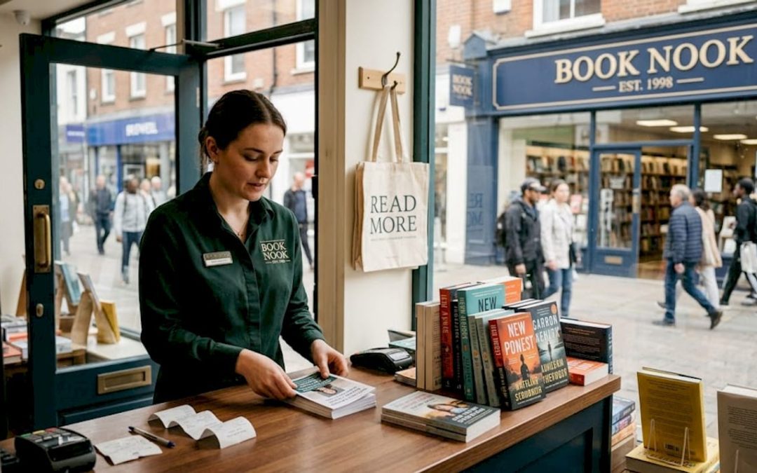 Retail worker with branded store signage visible