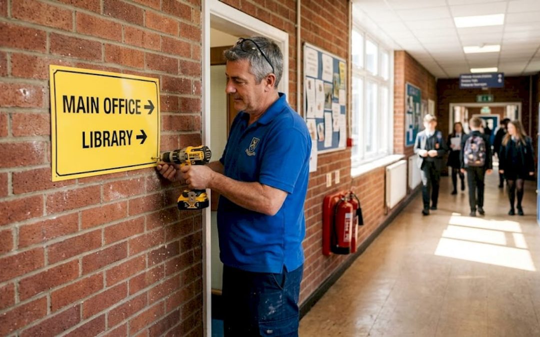 Manager mounting school sign on corridor wall