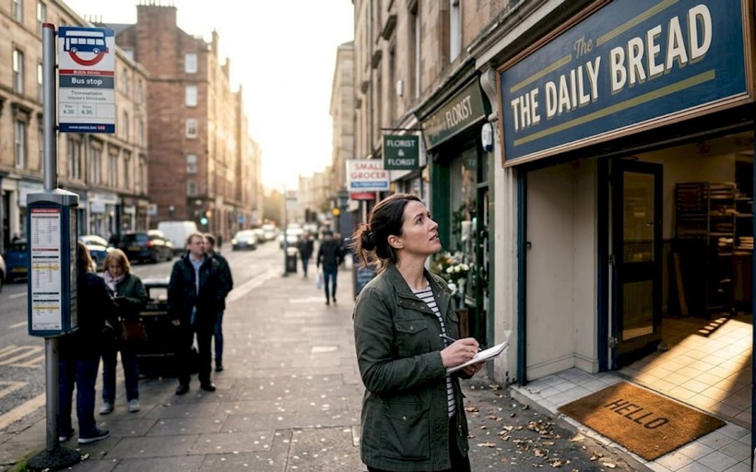 Shop owner checking bakery’s new exterior sign
