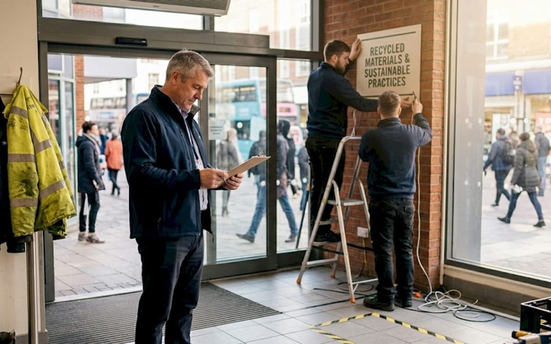Facilities manager inspects sustainable sign installation