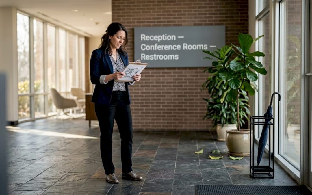 Manager reviewing branded lobby signage in workplace