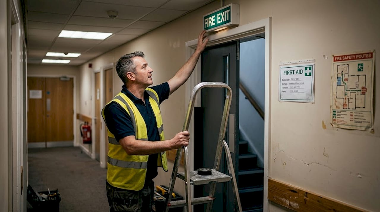 Supervisor maintaining workplace safety signs