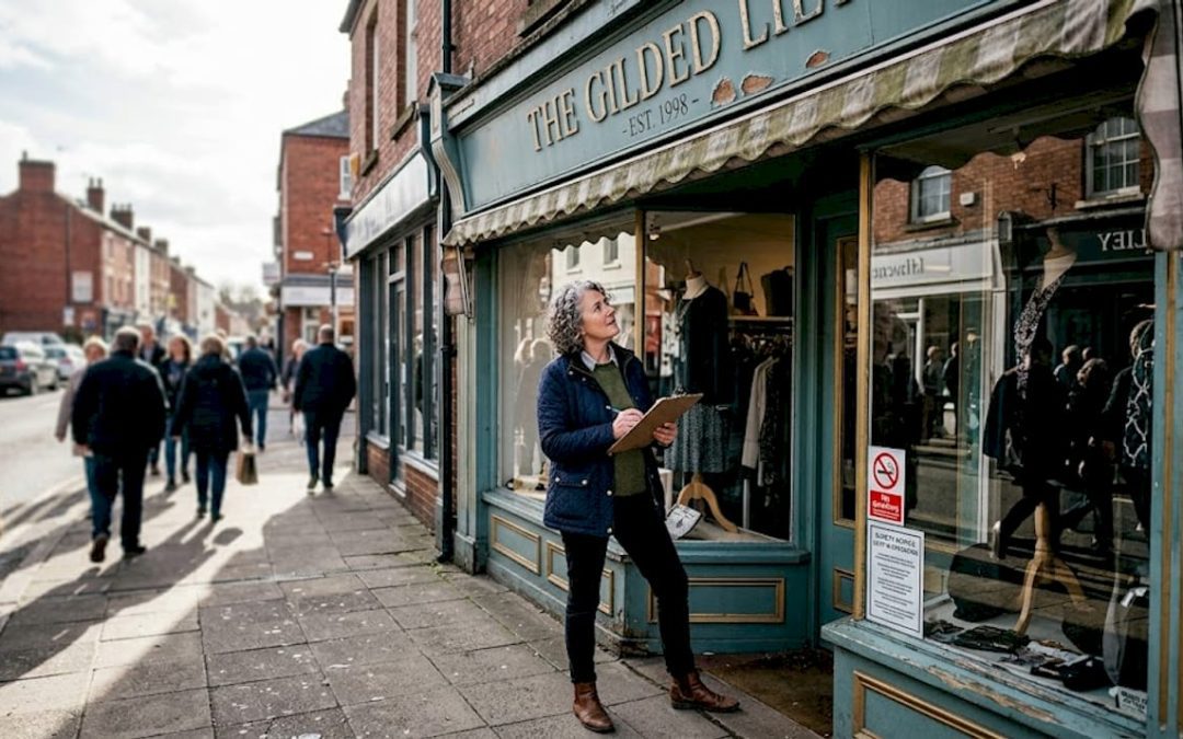 Shop owner inspecting compliant storefront signage