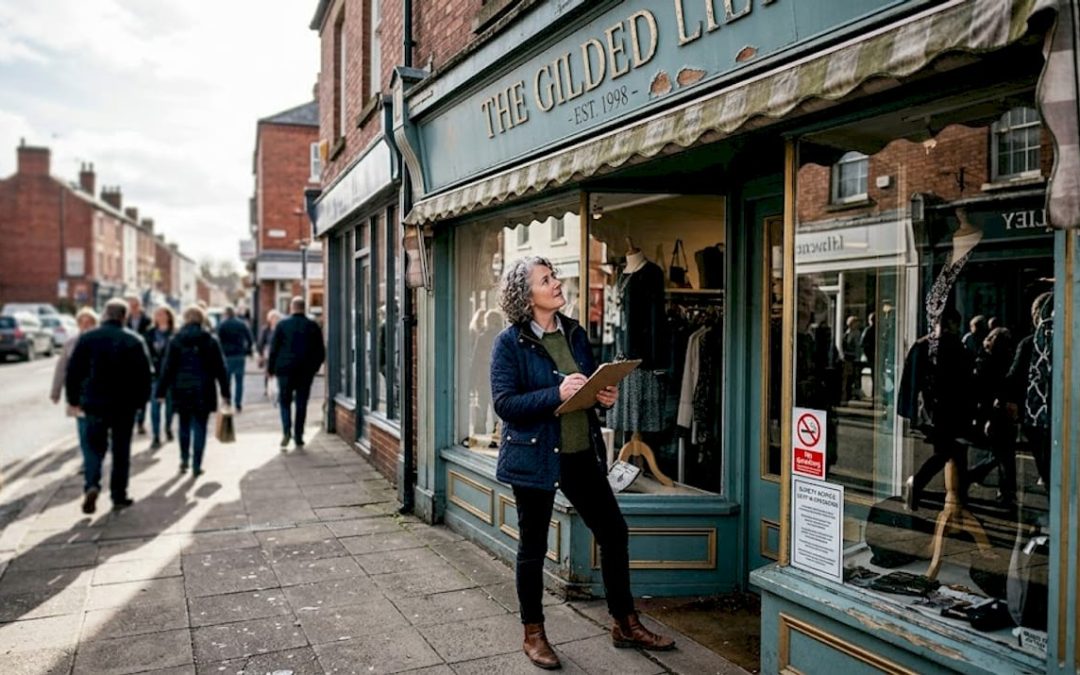 Shop owner inspecting compliant storefront signage