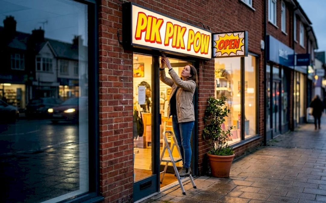 Shop owner adjusting illuminated storefront sign