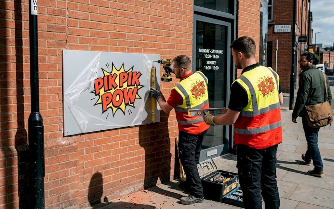 Workers install business signage on brick storefront