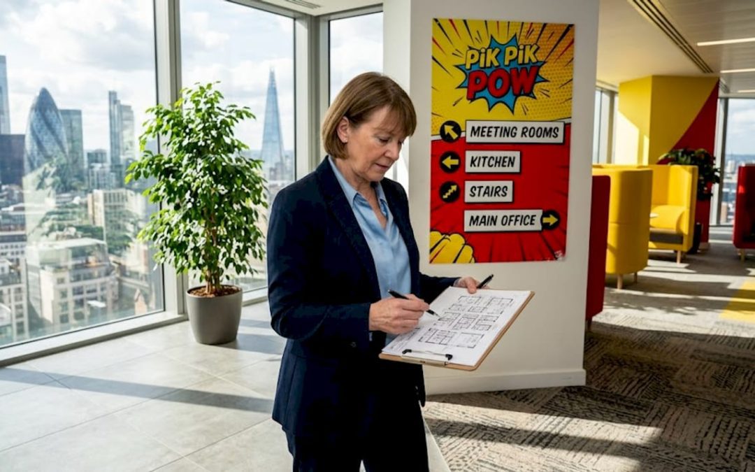 Manager checking corporate wall signage in office