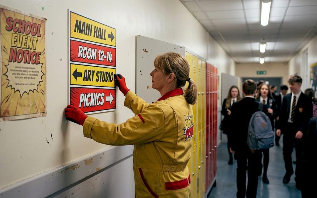 Caretaker adjusting school hallway directional sign
