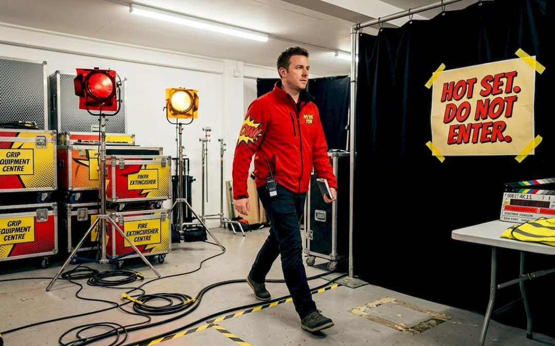 Film set with crew and visible hot set signage
