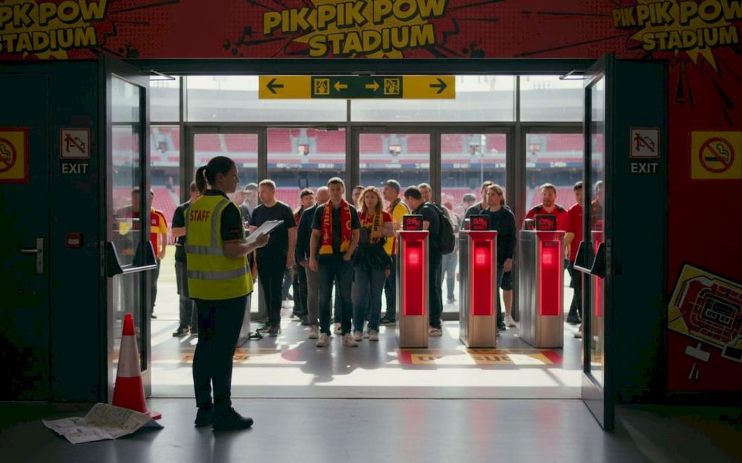 Manager reviews stadium signage at entrance