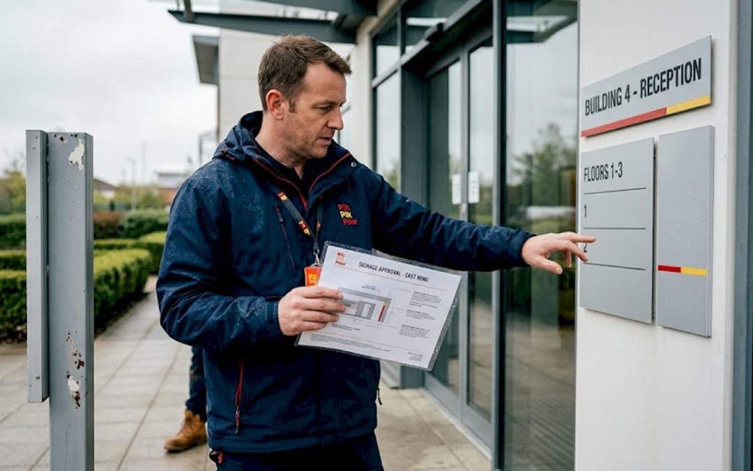 Manager inspecting building signage regulations