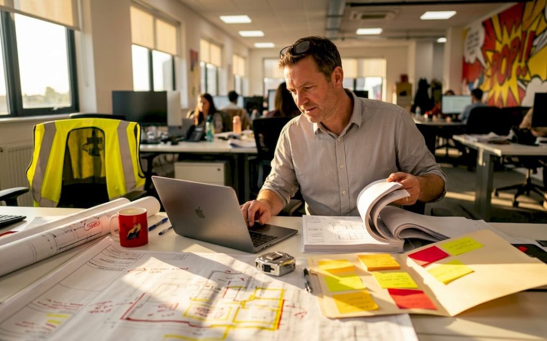 Project manager reviewing signage documents at desk