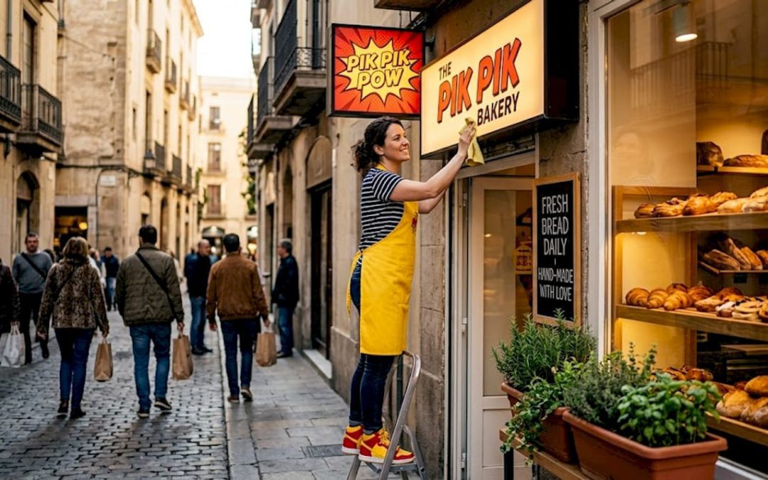 Shop owner maintains bakery storefront sign