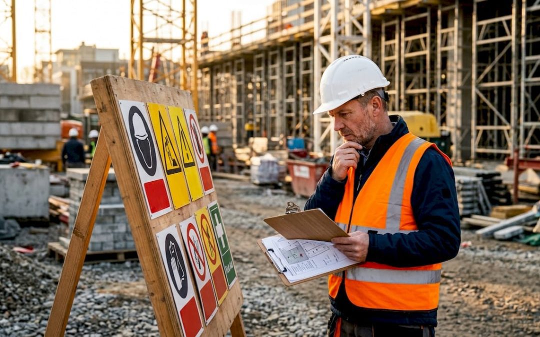 Manager reviewing construction site safety signs