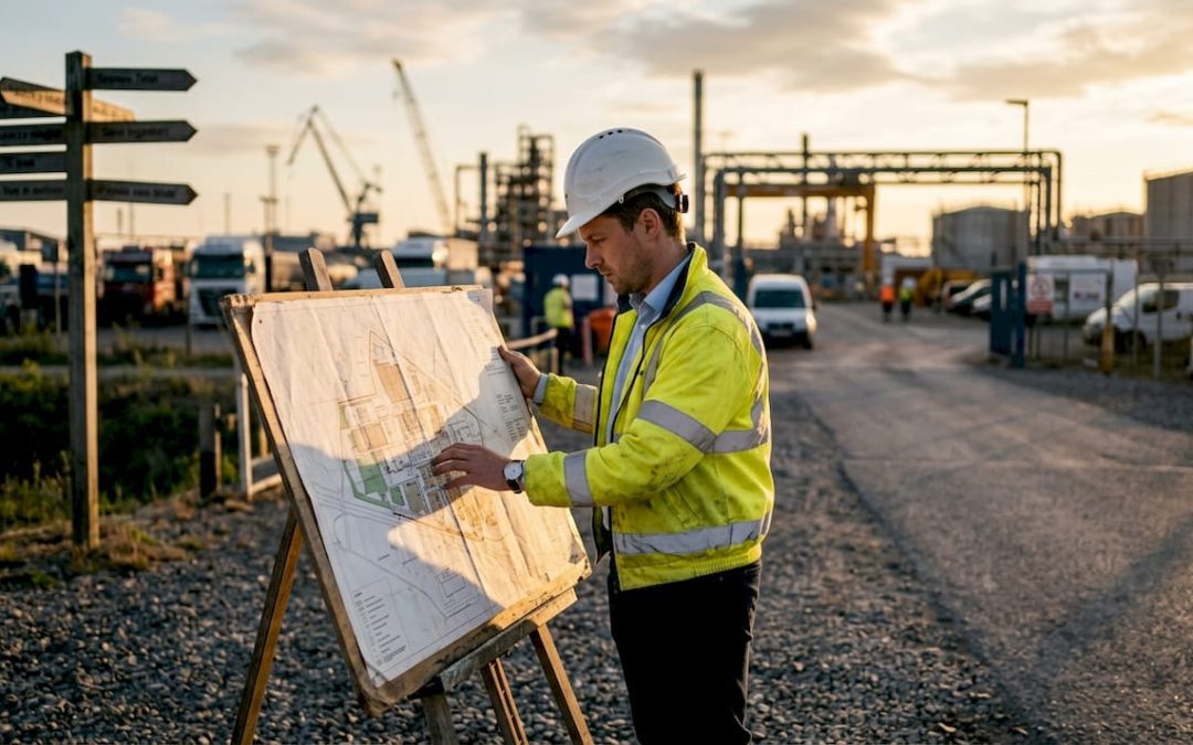 Site manager reviewing site map at industrial complex entrance