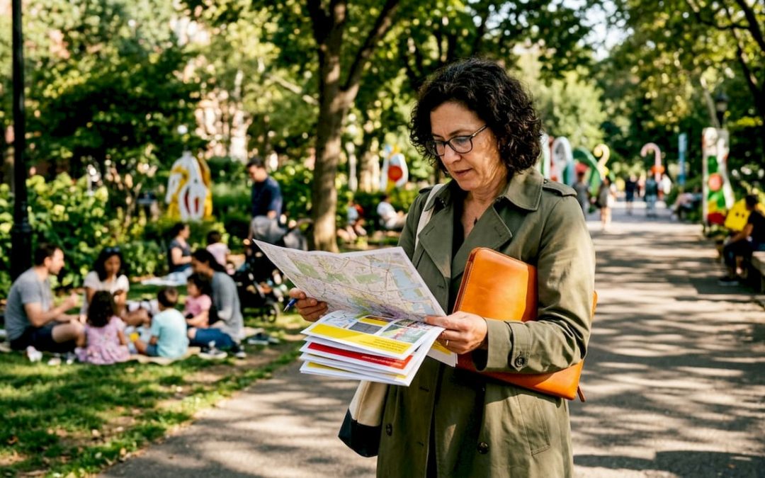Urban planner reviewing signage plans outdoors