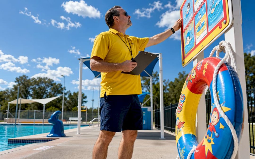 Pool manager inspecting poolside signs