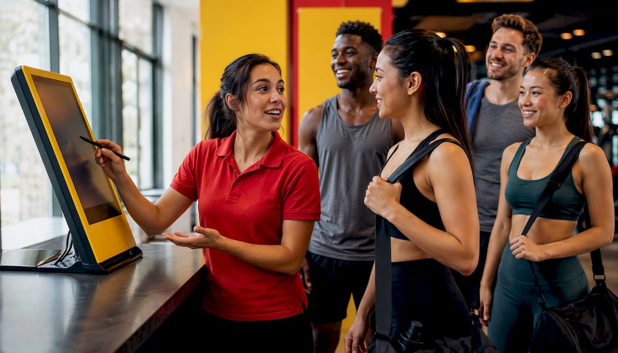 Staff using digital signage at gym reception