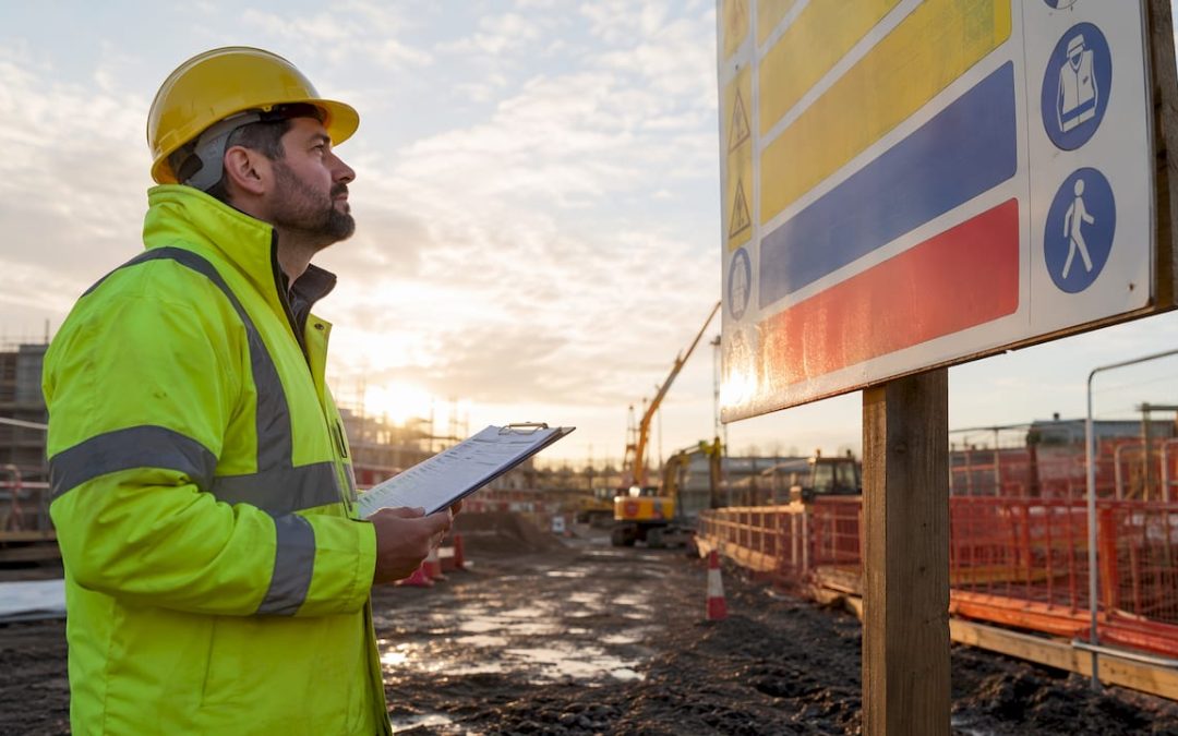 Site manager inspecting UK compound entry sign outdoors