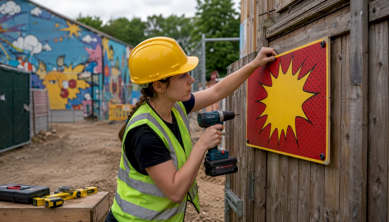 Female installer fixing compound entry sign on gate